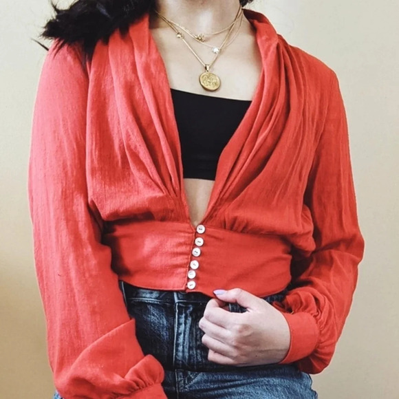 Free People Tops - FREE PEOPLE Long Sleeve Deep V-Neck Gauzy Boho Top W/ Mother of Pearl Buttons, M